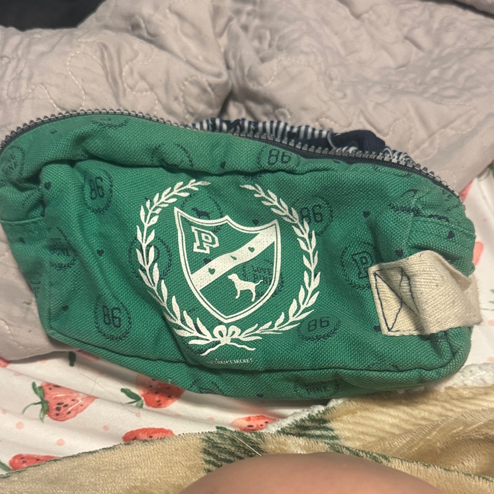 PINK Victoria's Secret Green Canvas Zip Pouch